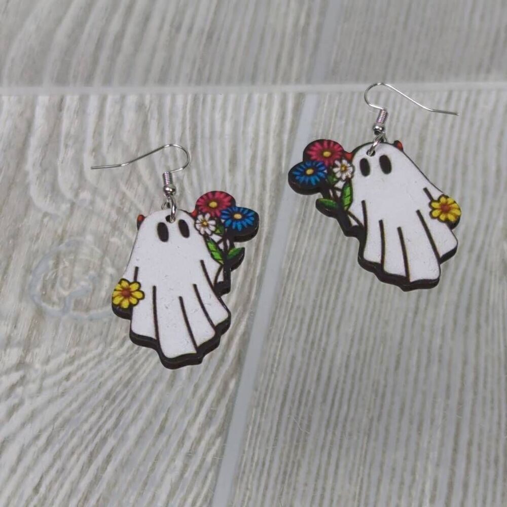 Halloween Spooky Ghost with Flowers Wire Dangle Earrings White 1.5"